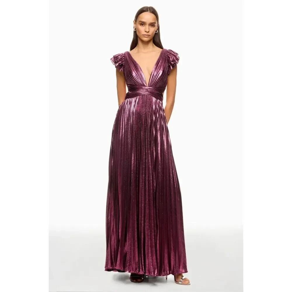 Ieena for Mac Duggal Ruffle Sleeve Metallic Gown Pleated Lace-Up Back Dress 6